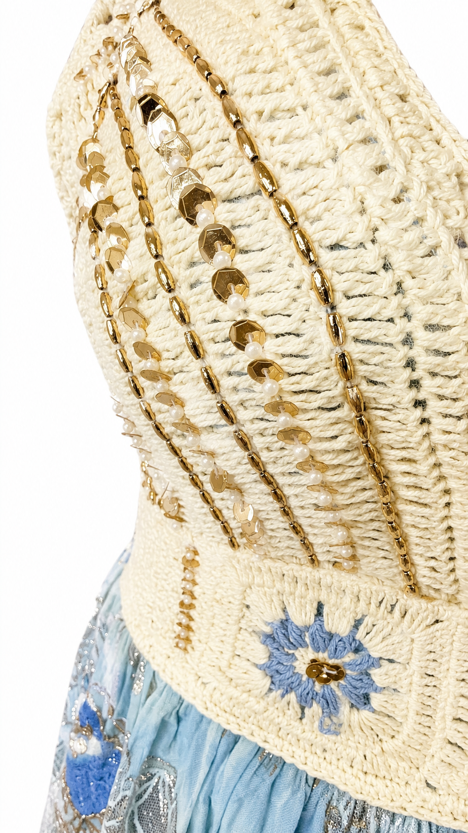 Azure Heirloom Brocade & Crochet Maxi Dress