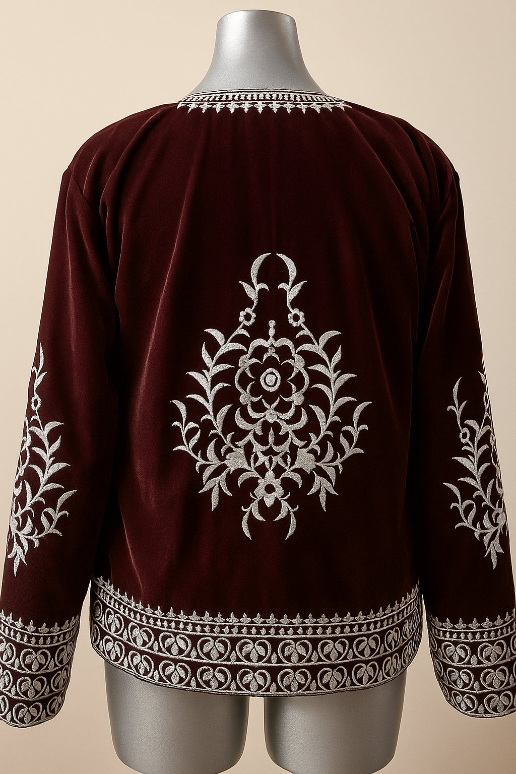 Embroidered Velveteen Open-Front Jacket