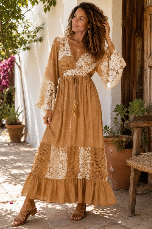 Golden Dune Lace Maxi Dress
