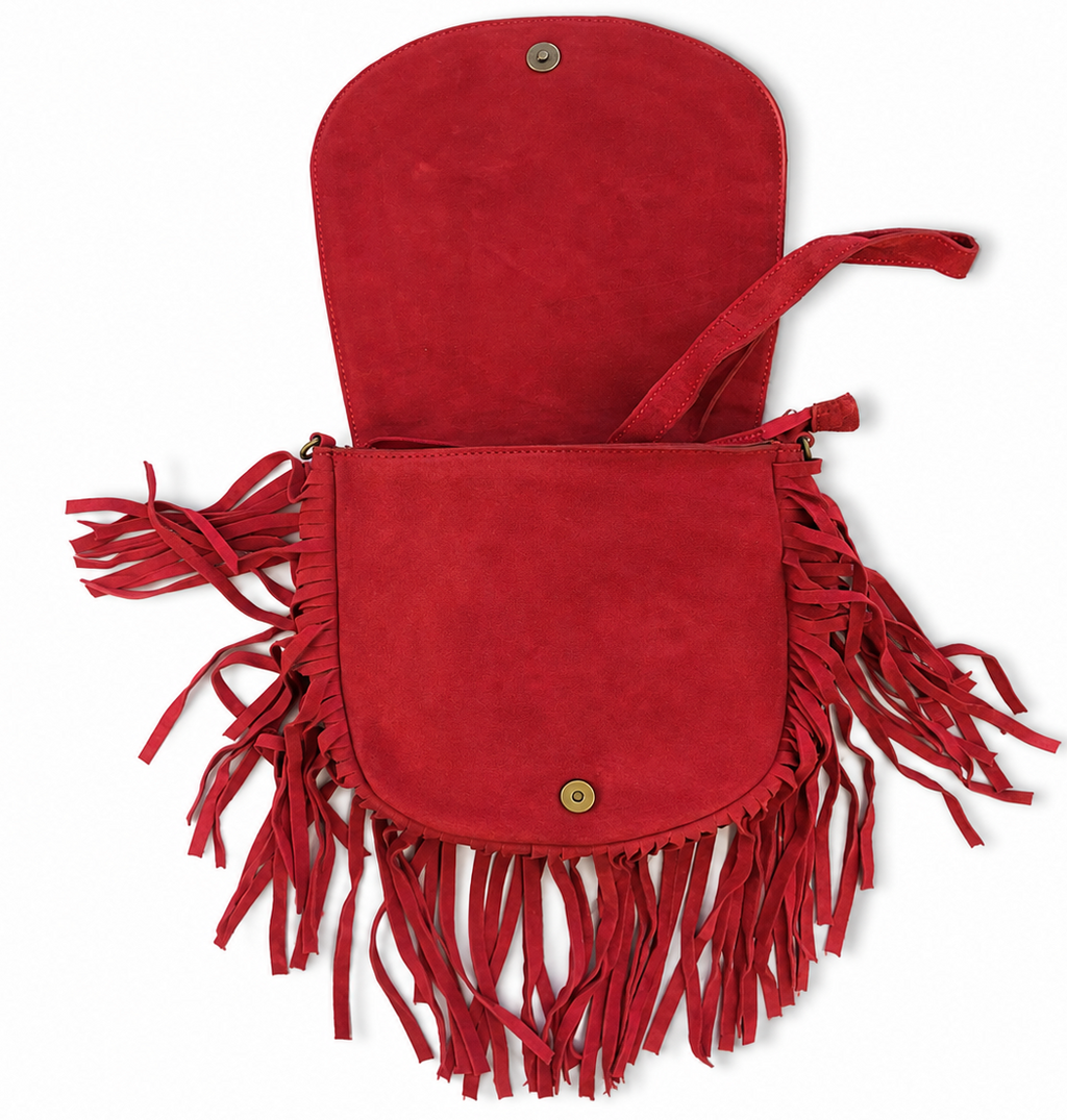Desert Rose Cowrie Fringe Suede Bag