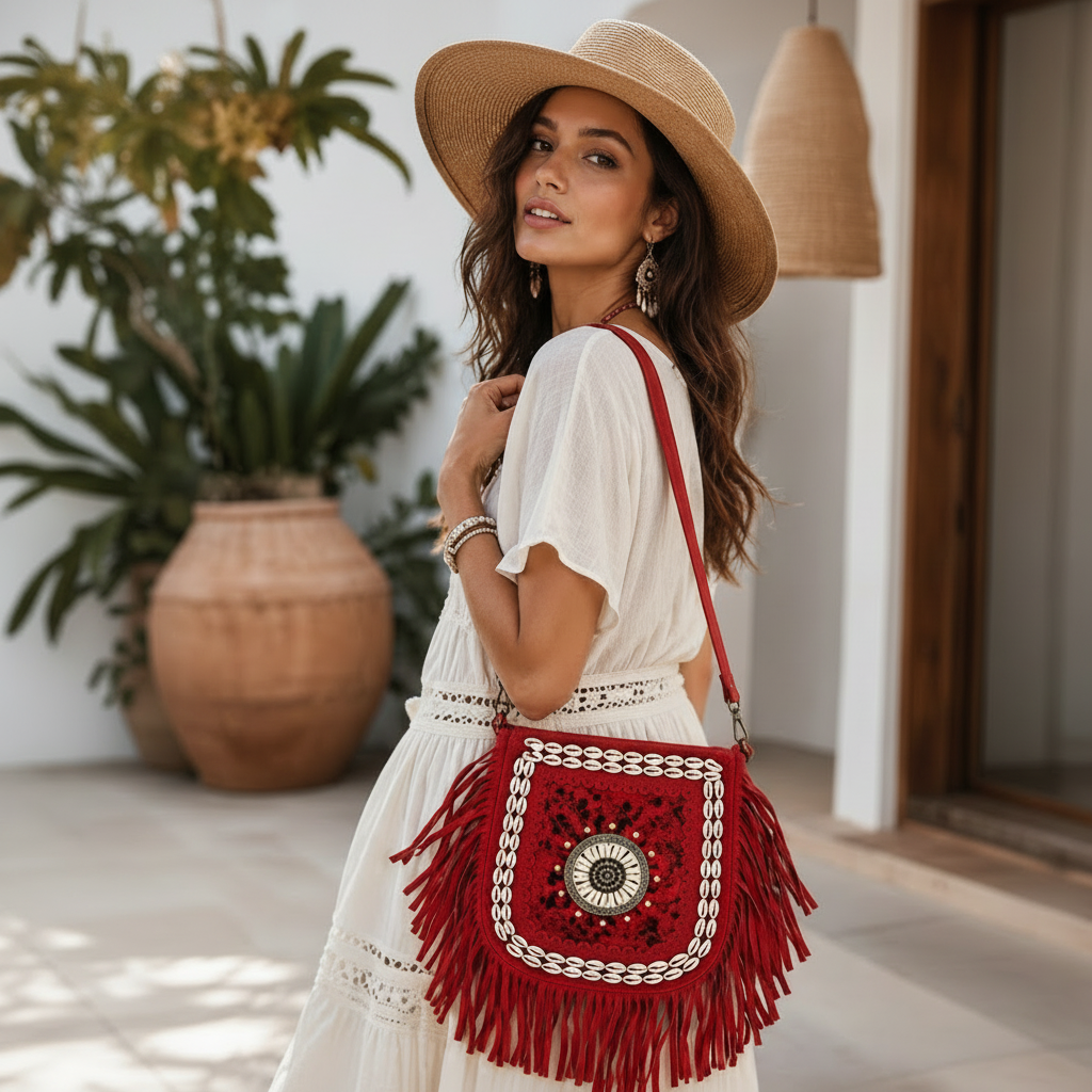 Desert Rose Cowrie Fringe Suede Bag