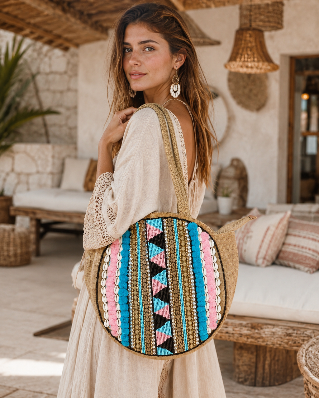 Turquoise Trail Embellished Jute Tote