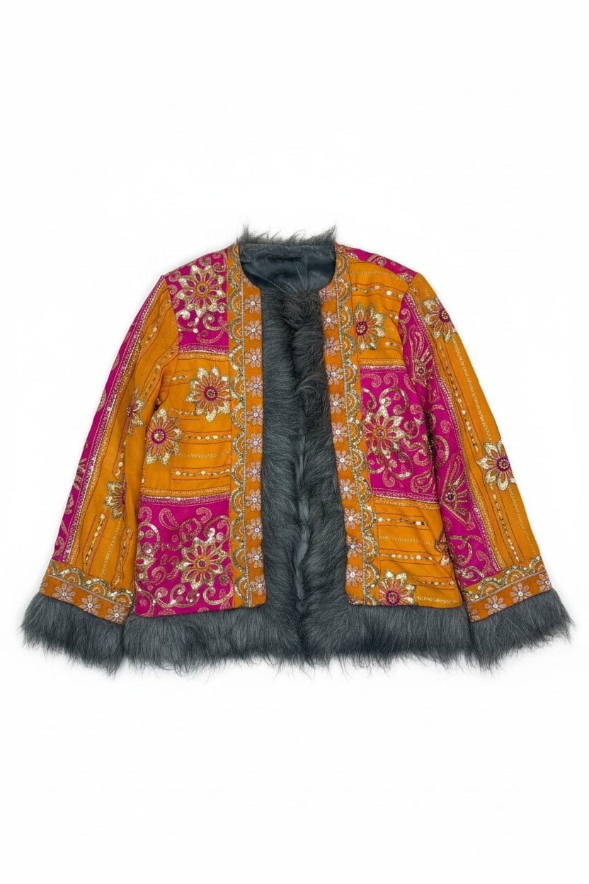 Bohemian Luxe Poly-Satin & Chiffon Sequin Patchwork Hat & Jacket Set