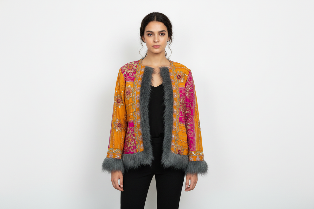 Bohemian Luxe Poly-Satin & Chiffon Sequin Patchwork Hat & Jacket Set