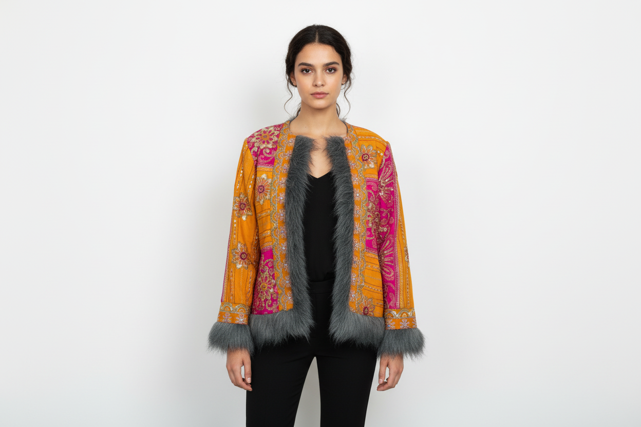 Bohemian Luxe Poly-Satin & Chiffon Sequin Patchwork Hat & Jacket Set