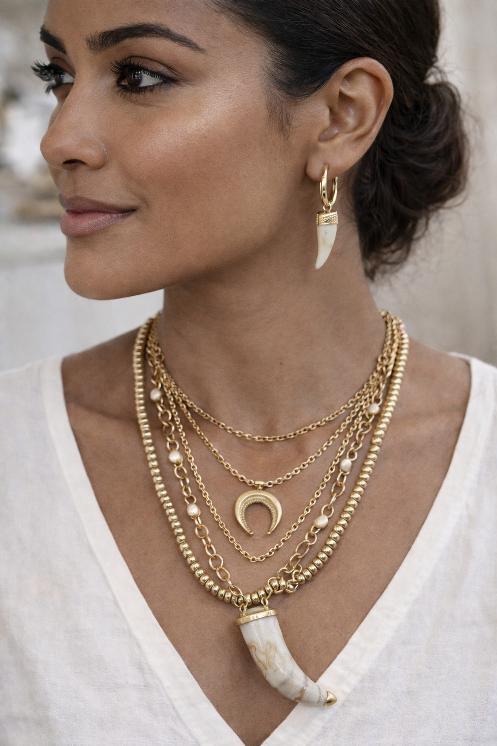 Golden Tusk Boho Layered Necklace & Earring Set