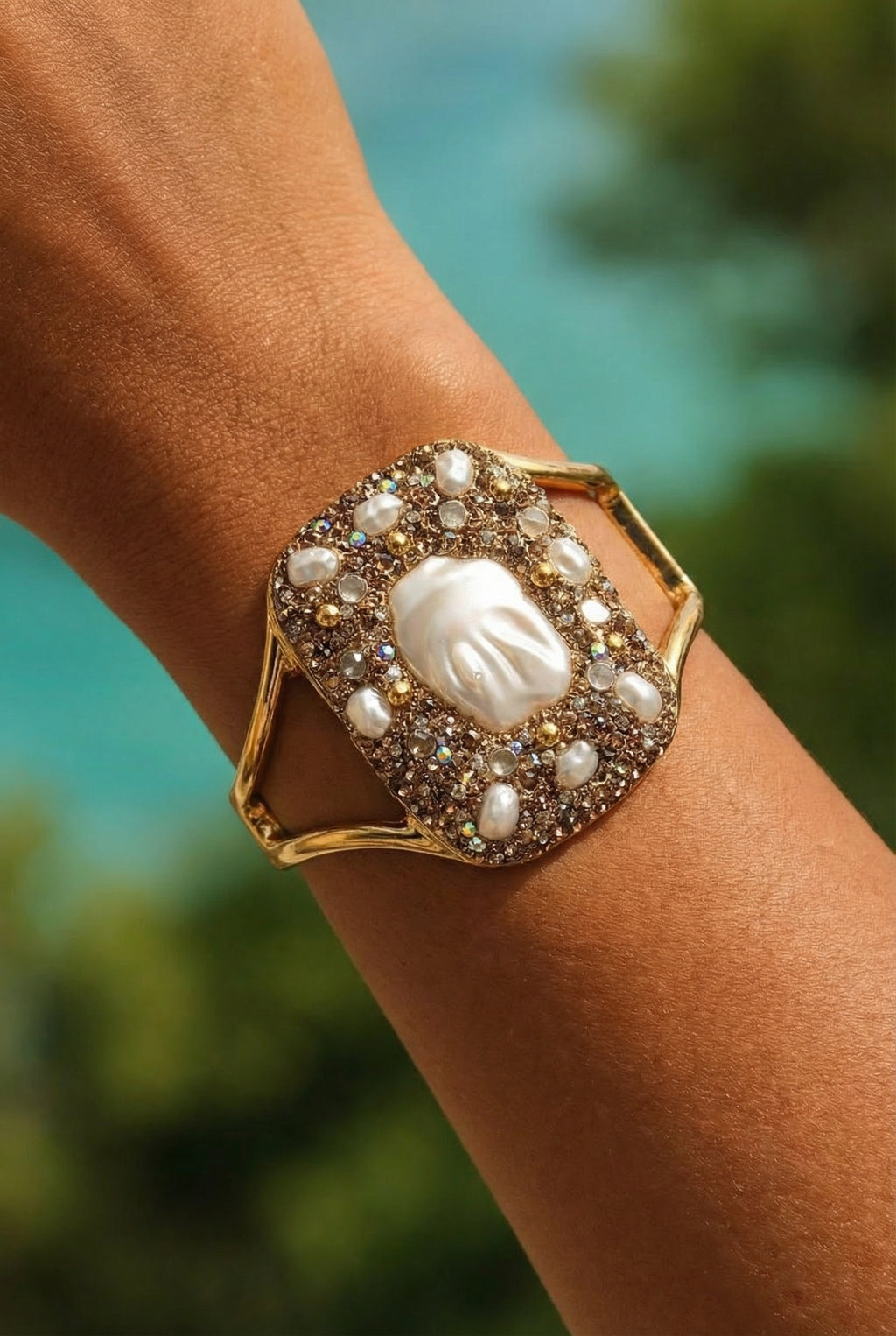 Gold Cuff Bracelet with Pearls and Crystals