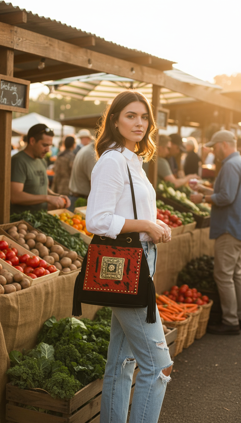 Crimson Crest Suede Bucket Bag