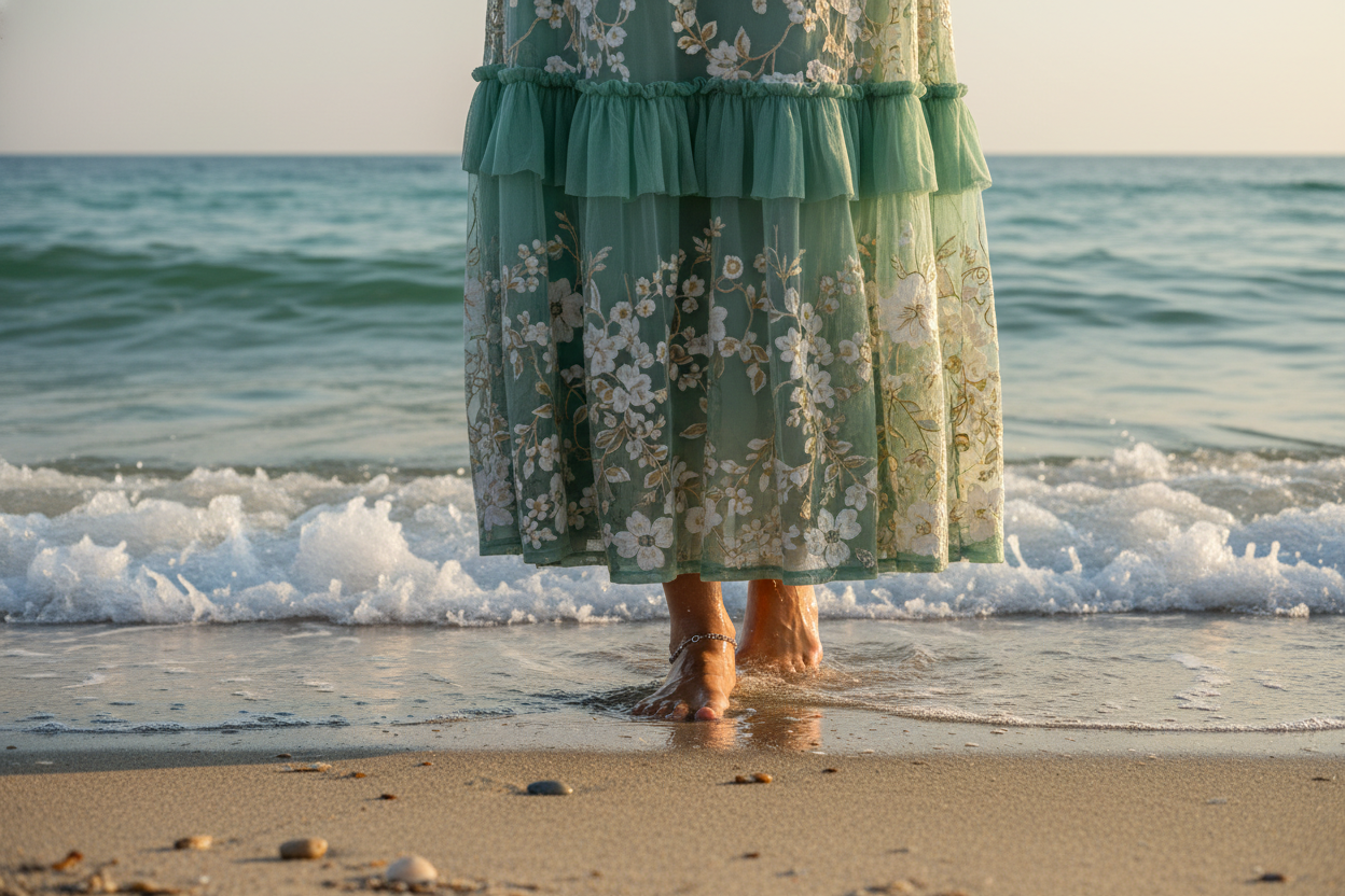 Create an ankle down view of a woman in the filly green embroidered dress on the beach 