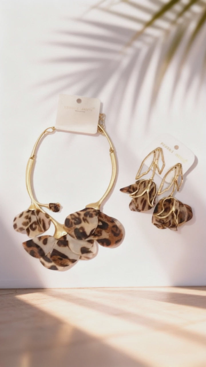 Wild Bloom Statement Set – Cheetah Petal Necklace & Earrings